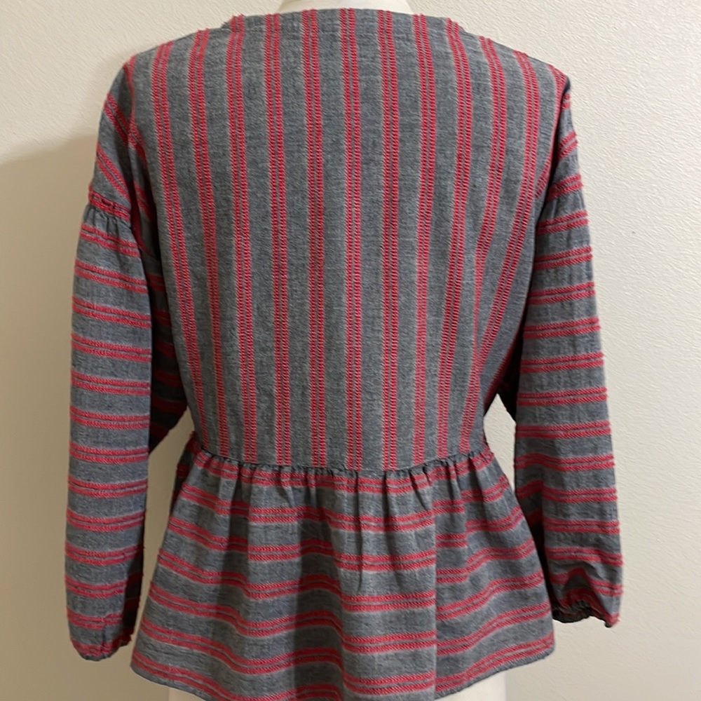 MADEWELL Gray and Red Striped Wrap Front Balloon Sleeve Peplum Hem Top - Picture 9 of 12